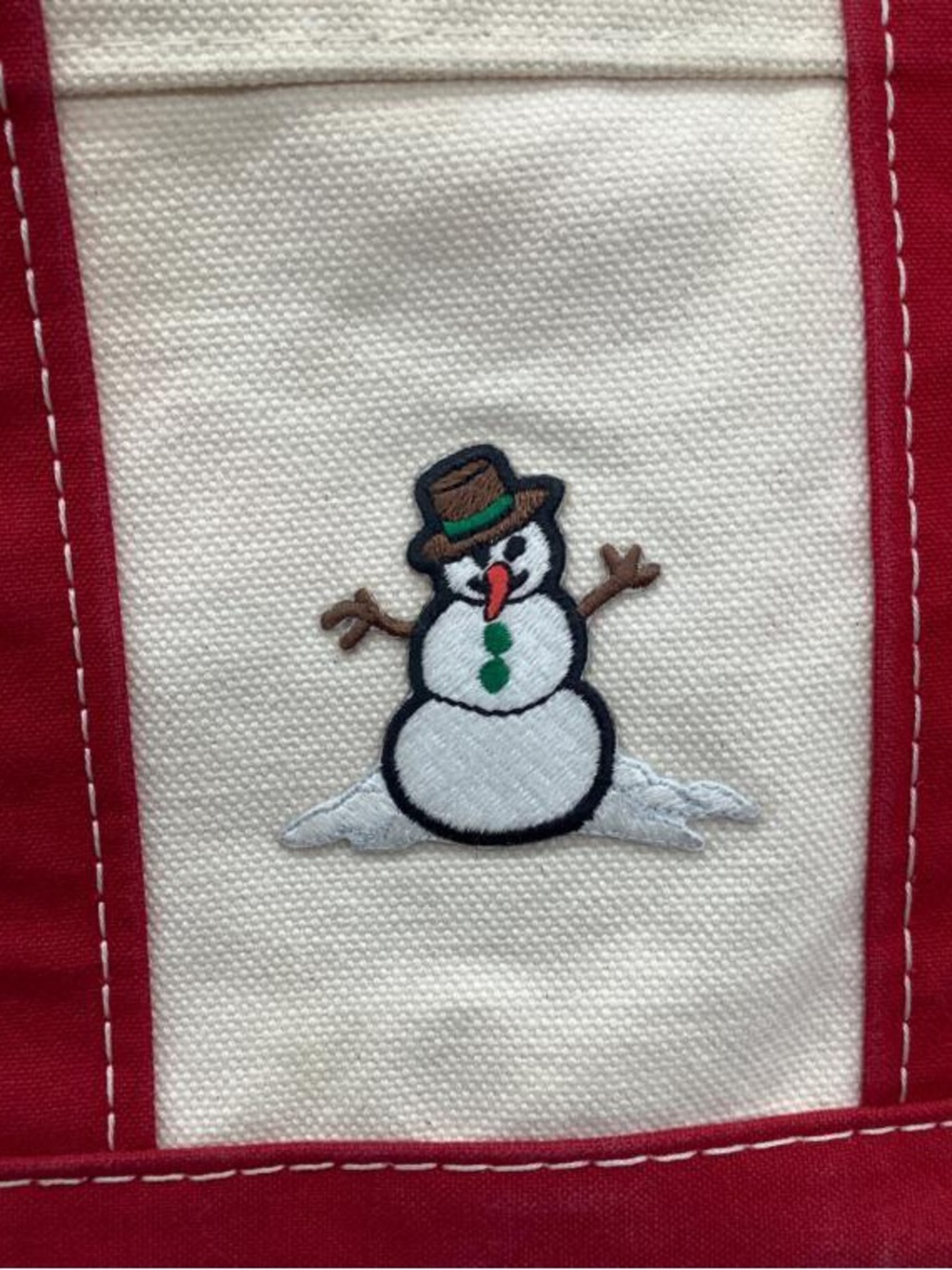L.L. Bean Vintage Cream Canvas Boat and Tote with Red Trim and Snowman Patch - Picture 9 of 9